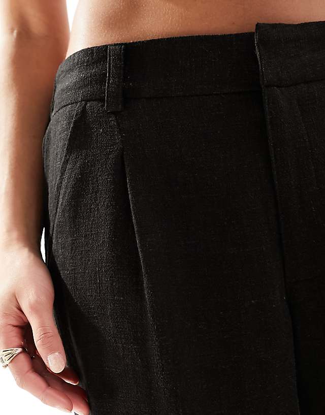 Asos ASOS DESIGN Petite Relaxed Straight Leg Trousers With Linen In Black