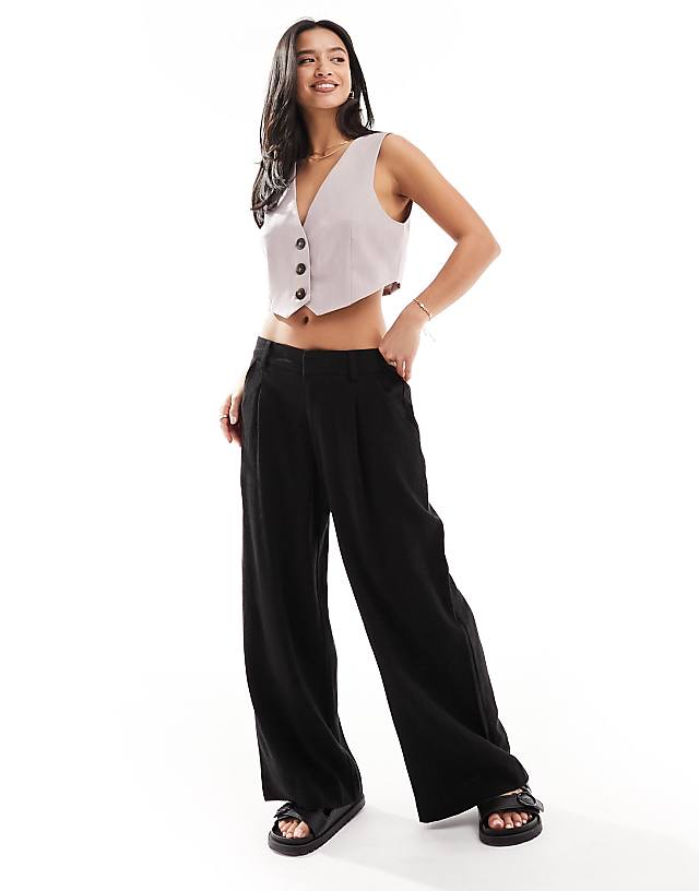 Asos ASOS DESIGN Petite Relaxed Straight Leg Trousers With Linen In Black