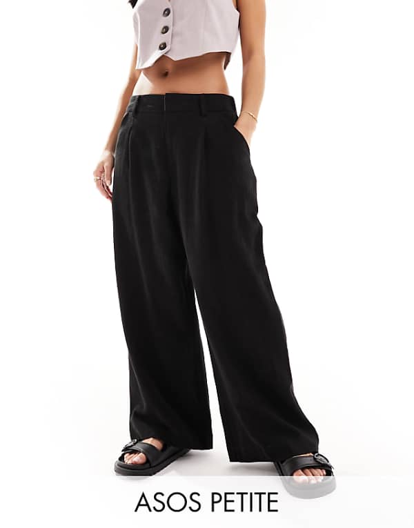 asos ASOS DESIGN Petite relaxed straight leg trousers with linen in black