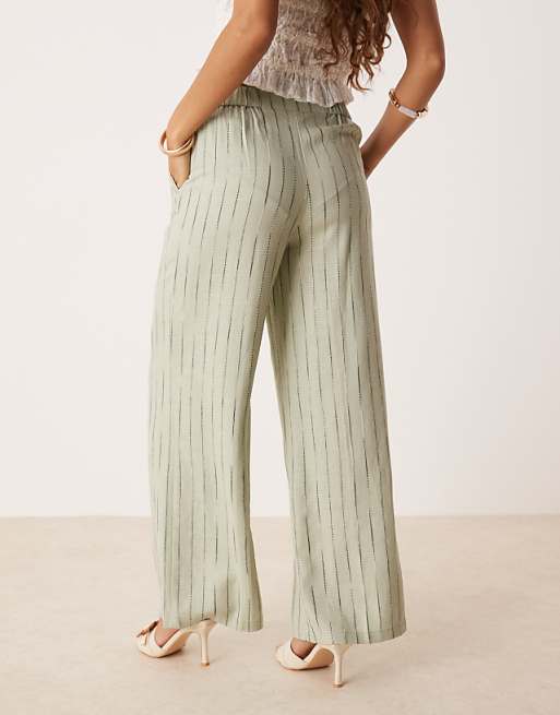 Asos ASOS DESIGN Petite Relaxed Straight Leg Trousers With Linen In Sage Squiggle Stripe