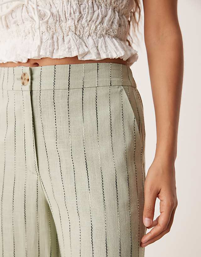 Asos ASOS DESIGN Petite Relaxed Straight Leg Trousers With Linen In Sage Squiggle Stripe