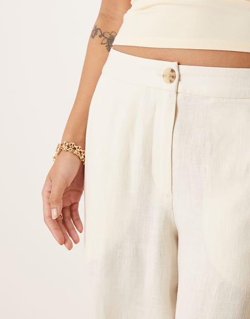 Asos ASOS DESIGN Petite Relaxed Straight Leg Trousers With Linen In Off White