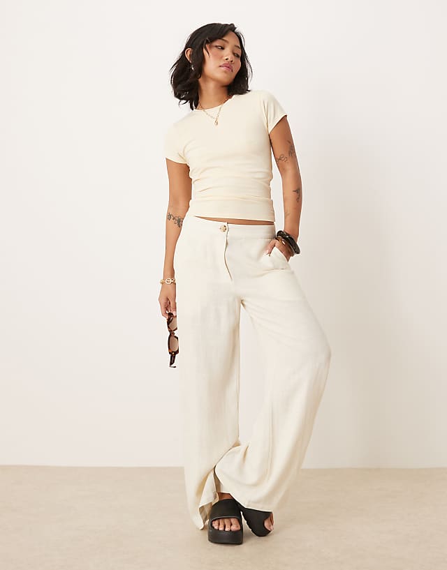 asos ASOS DESIGN Petite relaxed straight leg trousers with linen in off white