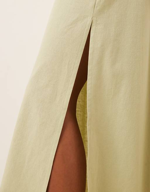 Asos ASOS DESIGN Petite Scoop Neck Cotton Linen Midi Dress In Sage