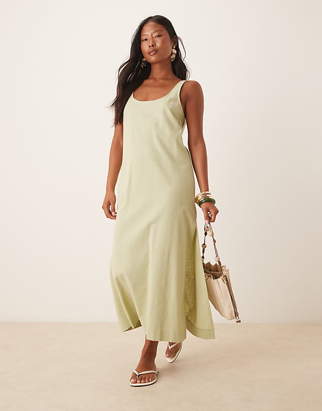 asos ASOS DESIGN Petite scoop neck cotton linen midi dress in sage