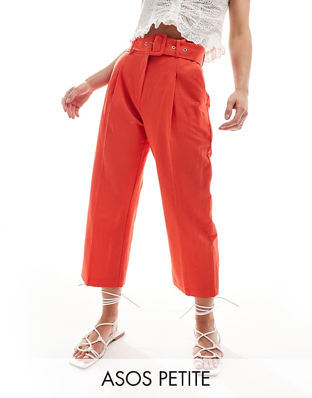 asos ASOS DESIGN Petite tailored belted trouser with linen in red