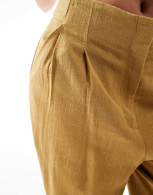 Asos ASOS DESIGN Petite Tailored High Waist Seam Detail Wide Leg Linen Trousers In Olive