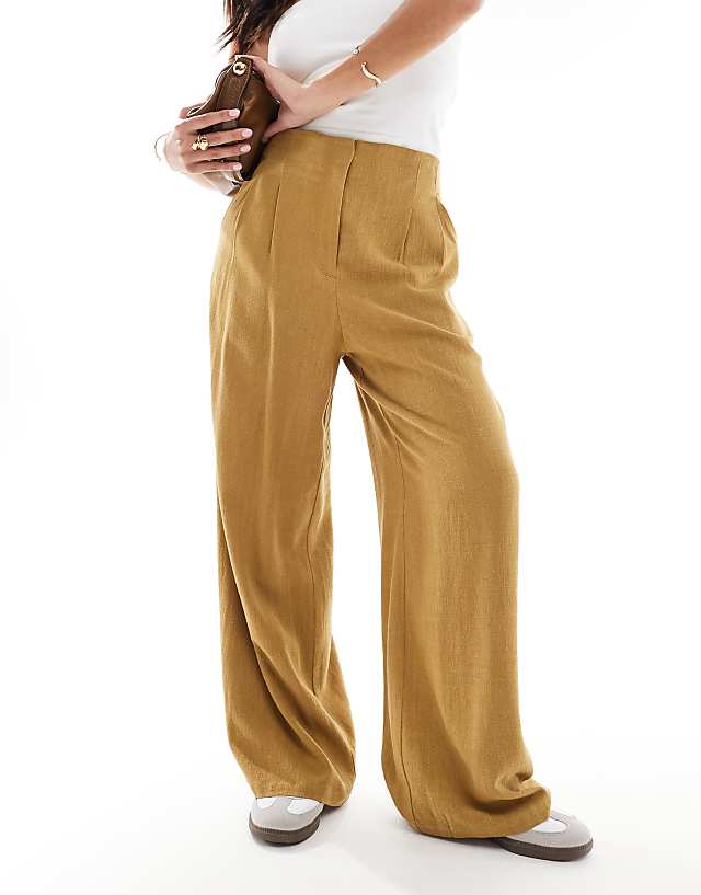 Asos ASOS DESIGN Petite Tailored High Waist Seam Detail Wide Leg Linen Trousers In Olive