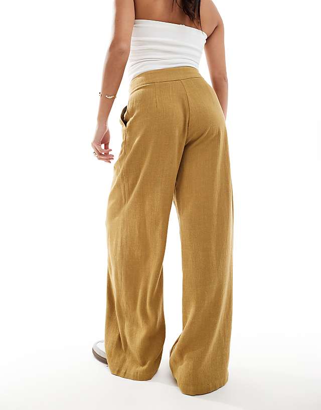 Asos ASOS DESIGN Petite Tailored High Waist Seam Detail Wide Leg Linen Trousers In Olive