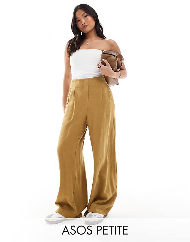 asos ASOS DESIGN Petite tailored high waist seam detail wide leg linen trousers in olive