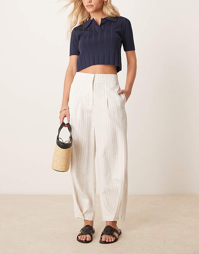 Asos ASOS DESIGN Petite Tailored Linen Trousers With Multi Way Tab Hem In Ecru Stripe