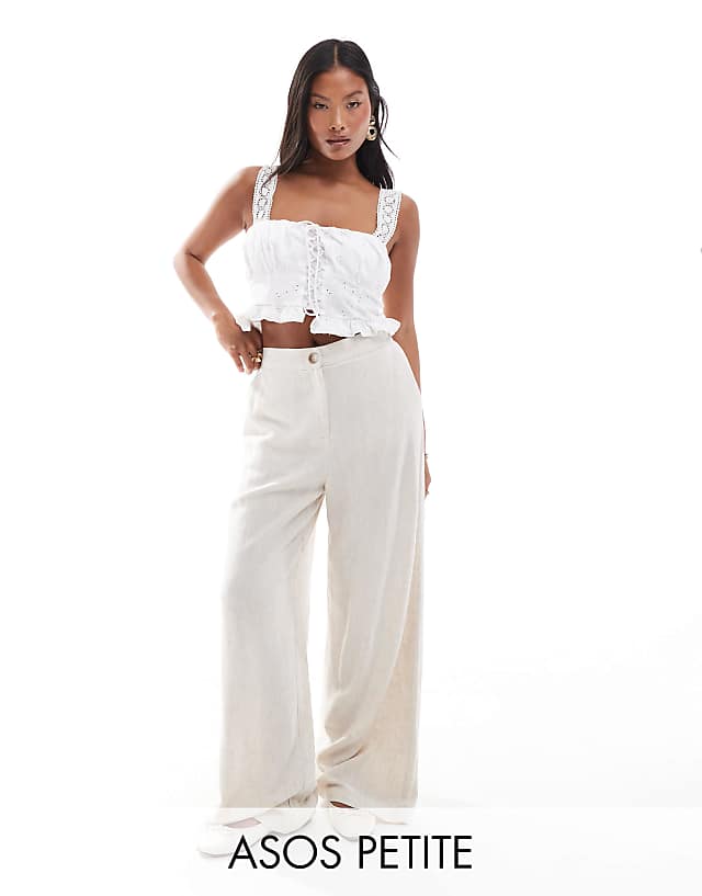 asos ASOS DESIGN Petite tailored wide leg dad trousers with linen in stone
