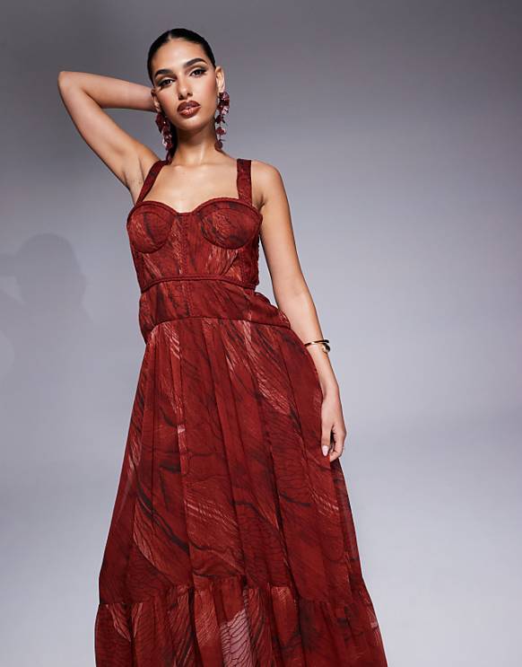 Asos ASOS DESIGN Plait Detail Maxi With Bust Cups In Red Abstract Print