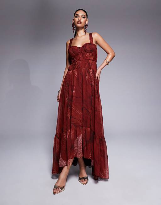 asos ASOS DESIGN plait detail maxi with bust cups in red abstract print