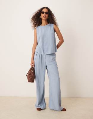 Asos ASOS DESIGN Pleat Front Wide Leg Trousers & Top With Linen Co-ord In Blue