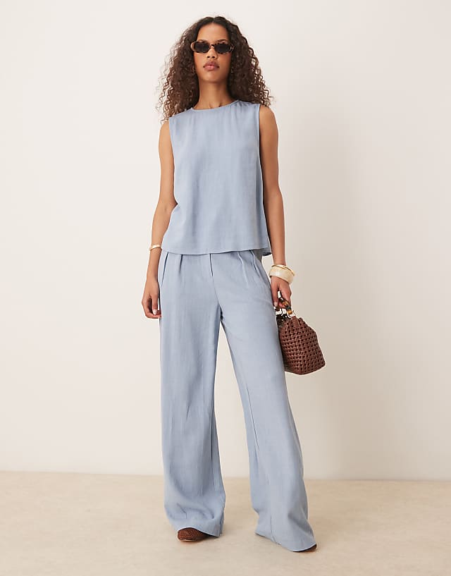 asos ASOS DESIGN pleat front wide leg trousers & top with linen co-ord in blue