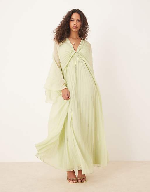 Asos ASOS DESIGN Pleated Chiffon Twist Front Maxi Dress In Apple Green