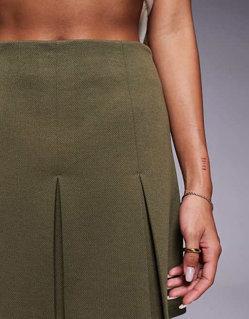 Asos ASOS DESIGN Pleated Jersey Twill Mini Skirt In Khaki