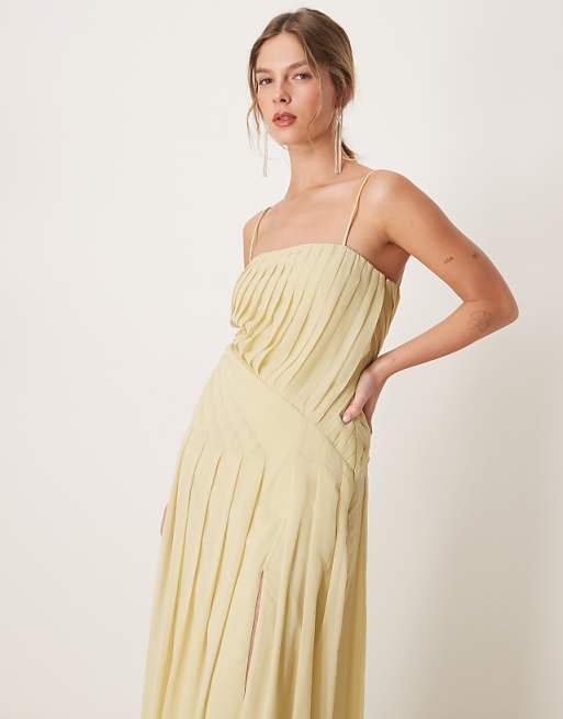 Asos ASOS DESIGN Pleated Midi Cami Dress In Pale Yellow
