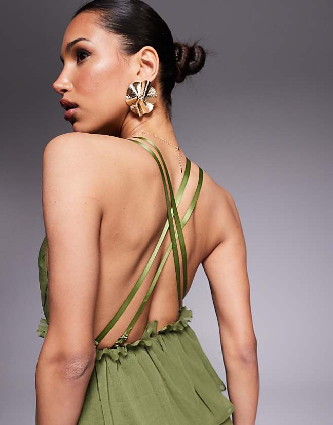 Asos ASOS DESIGN Pleated Plunge Midi Dress With Peplum In Dark Khaki