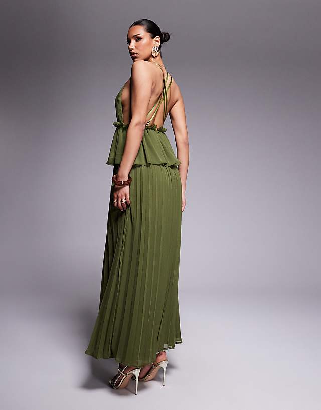Asos ASOS DESIGN Pleated Plunge Midi Dress With Peplum In Dark Khaki