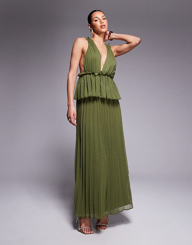 asos ASOS DESIGN pleated plunge midi dress with peplum in dark khaki
