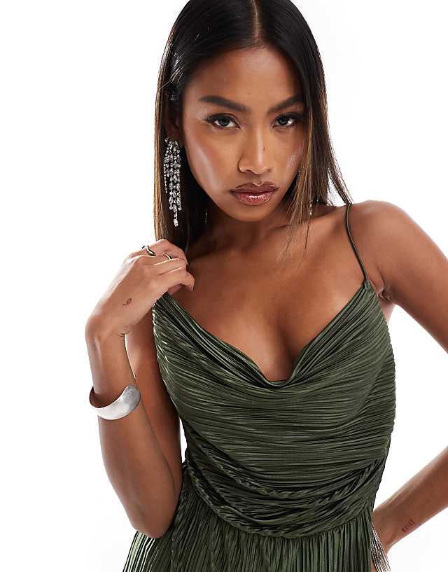 Asos ASOS DESIGN Plisse Asymmetric Drape Cami Jumpsuit In Khaki