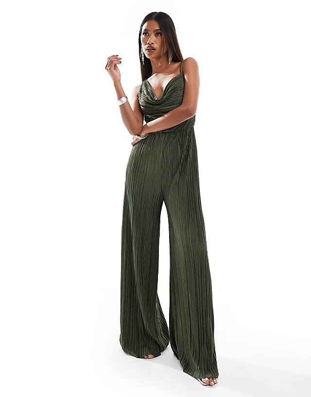 Asos ASOS DESIGN Plisse Asymmetric Drape Cami Jumpsuit In Khaki