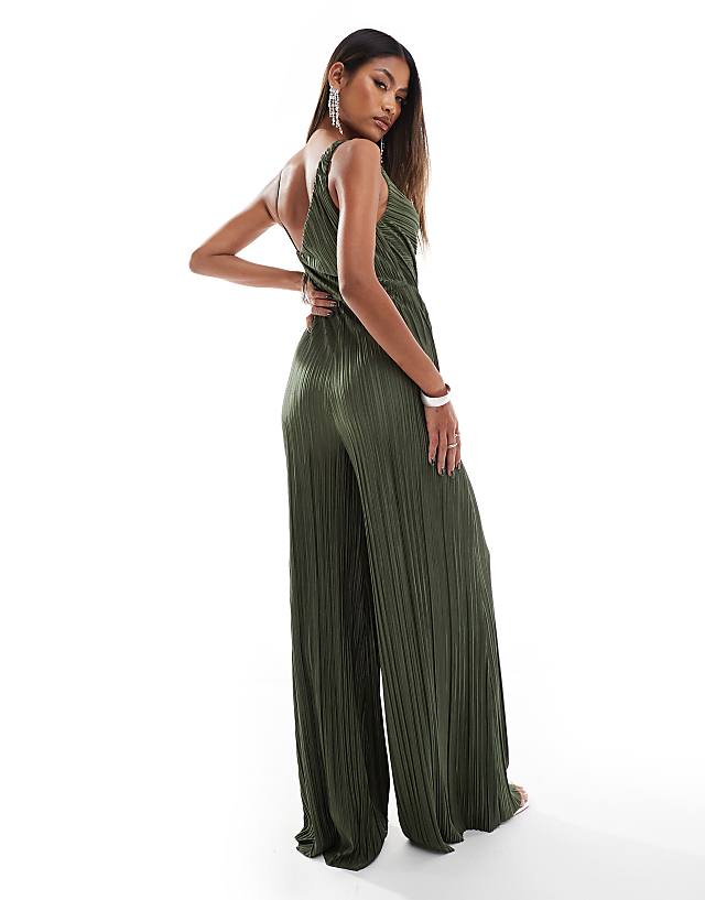 Asos ASOS DESIGN Plisse Asymmetric Drape Cami Jumpsuit In Khaki