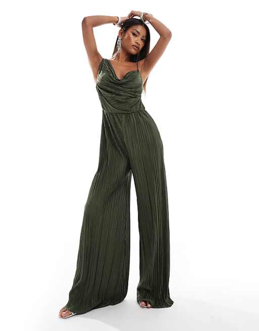 asos ASOS DESIGN plisse asymmetric drape cami jumpsuit in khaki