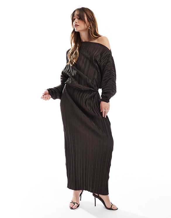 asos ASOS DESIGN plisse fallen shoulder long sleeve midi dress in chocolate