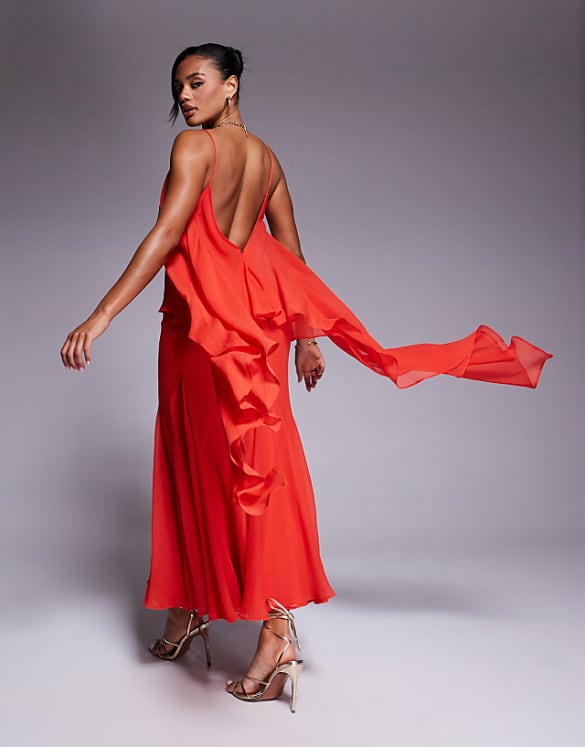 Asos ASOS DESIGN Plunge Bias Maxi Dress With Chiffon Overlay And Godet In Bright Red