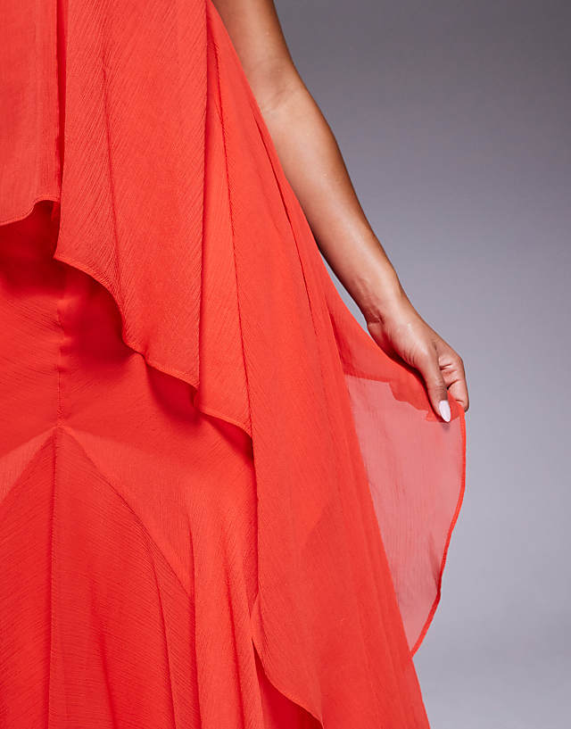 Asos ASOS DESIGN Plunge Bias Maxi Dress With Chiffon Overlay And Godet In Bright Red