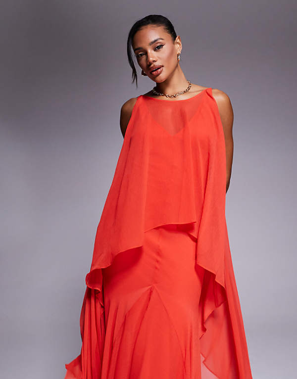 Asos ASOS DESIGN Plunge Bias Maxi Dress With Chiffon Overlay And Godet In Bright Red