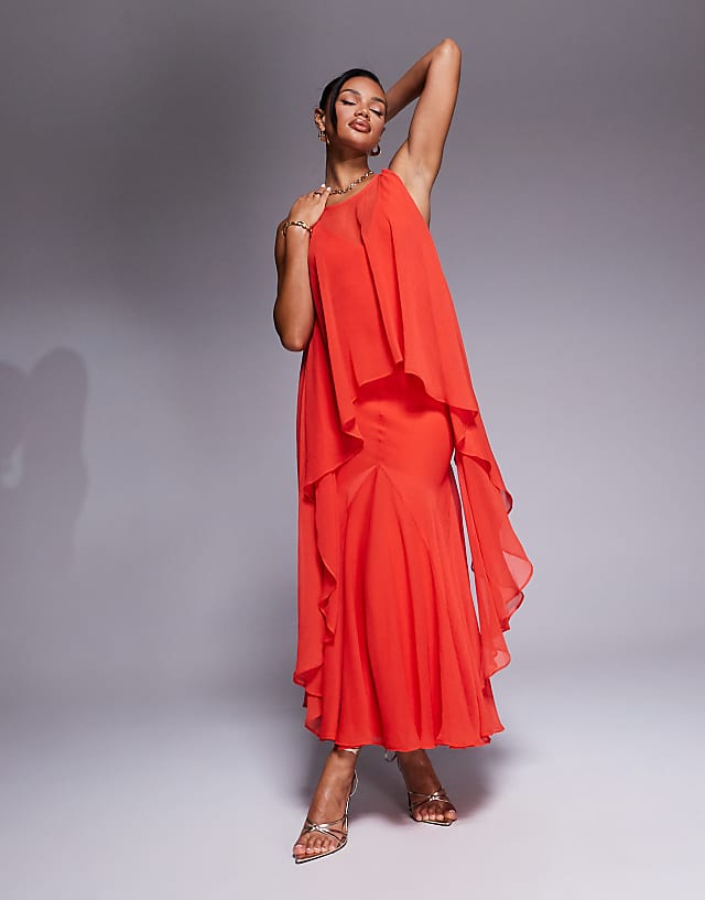 asos ASOS DESIGN plunge bias maxi dress with chiffon overlay and godet in bright red