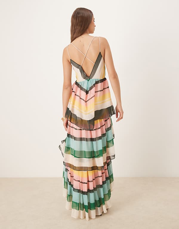 Asos ASOS DESIGN Plunge Tiered Maxi Dress With Open Back In Striped Print