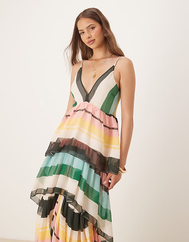 Asos ASOS DESIGN Plunge Tiered Maxi Dress With Open Back In Striped Print