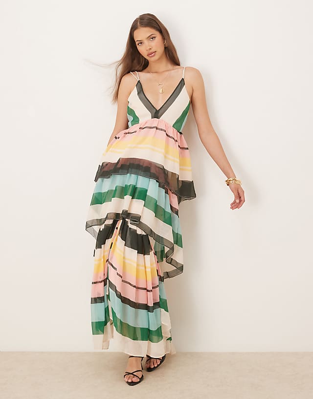 asos ASOS DESIGN plunge tiered maxi dress with open back in striped print