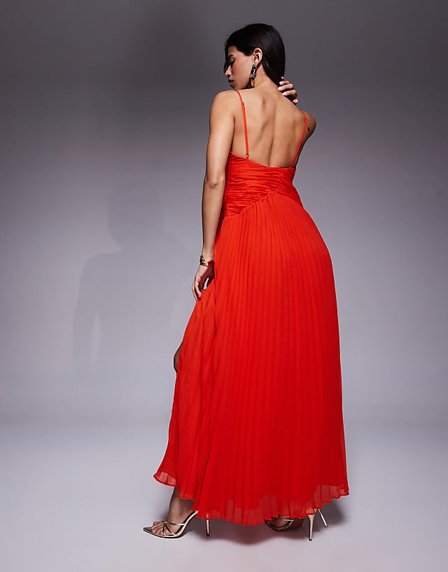 Asos ASOS DESIGN Plunge Wired Bodice Pleated Skirt Cami Maxi Dress In Red
