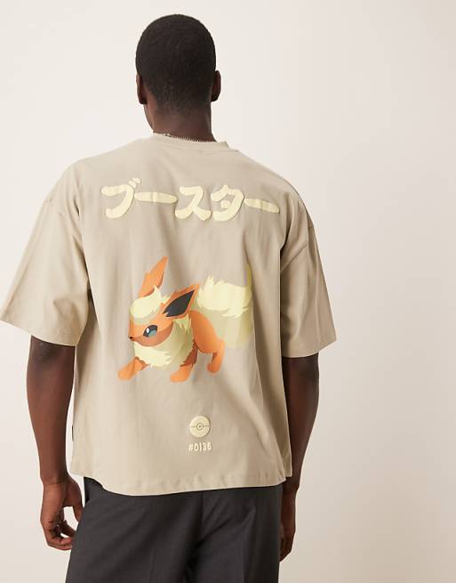 Asos ASOS DESIGN Pokemon Unisex Boxy Oversized T-shirt With Flareon Print In Washed Grey