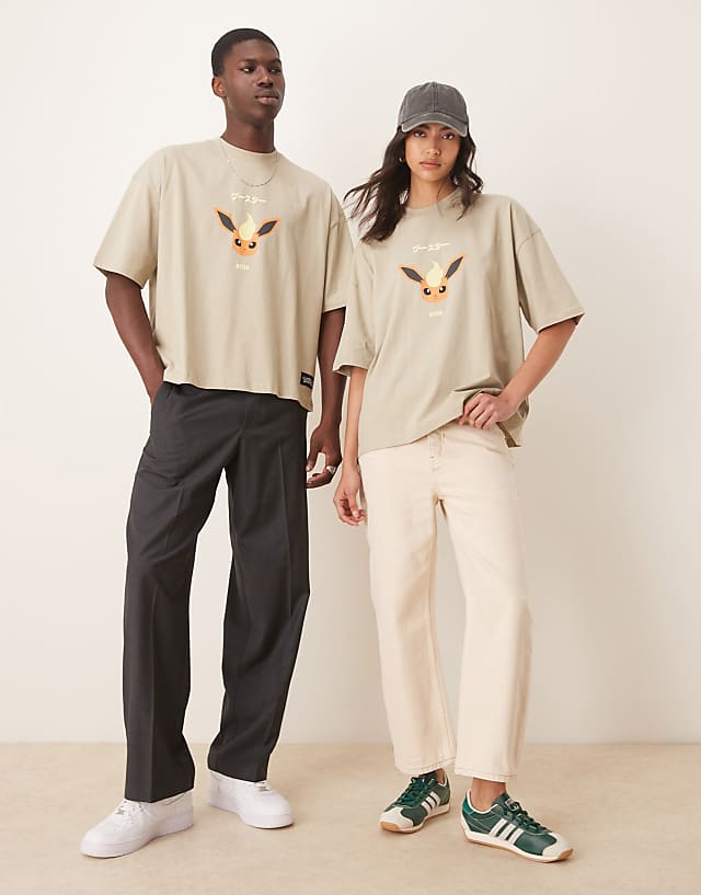 Asos ASOS DESIGN Pokemon Unisex Boxy Oversized T-shirt With Flareon Print In Washed Grey