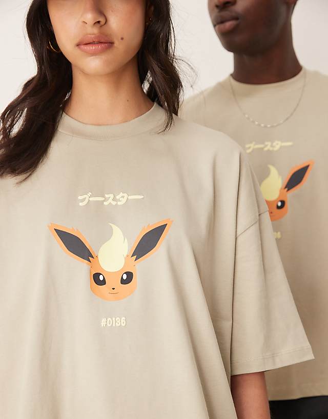 Asos ASOS DESIGN Pokemon Unisex Boxy Oversized T-shirt With Flareon Print In Washed Grey