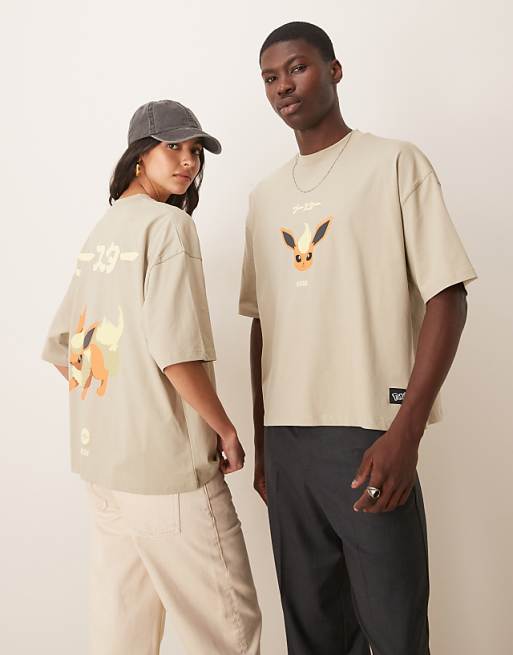 asos ASOS DESIGN Pokemon unisex boxy oversized t-shirt with Flareon print in washed grey