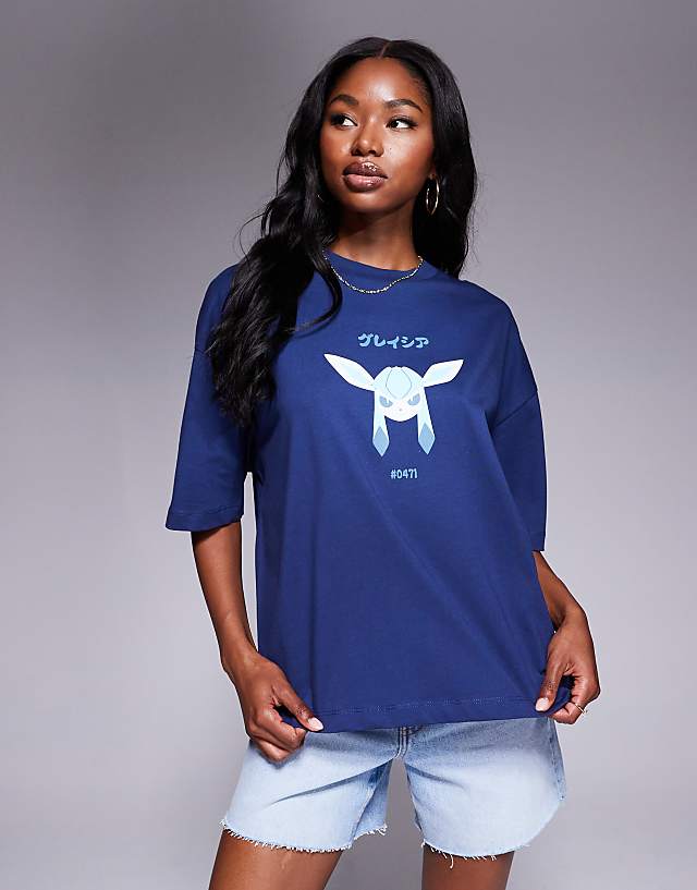 Asos ASOS DESIGN Pokemon Unisex Oversized T-shirt With Glaceon Prints In Blue