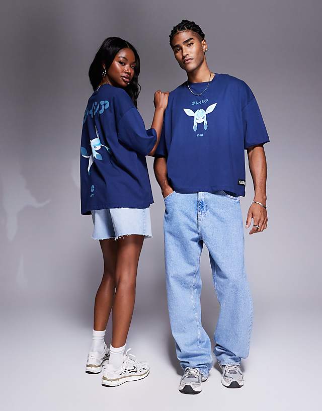 Asos ASOS DESIGN Pokemon Unisex Oversized T-shirt With Glaceon Prints In Blue