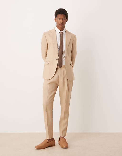 asos ASOS DESIGN premium 100% linen slim suit in stone