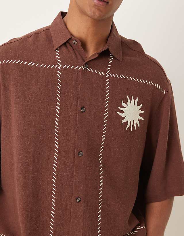 Asos ASOS DESIGN Premium Boxy Oversized Linen Blend Shirt With Embroidery In Brown