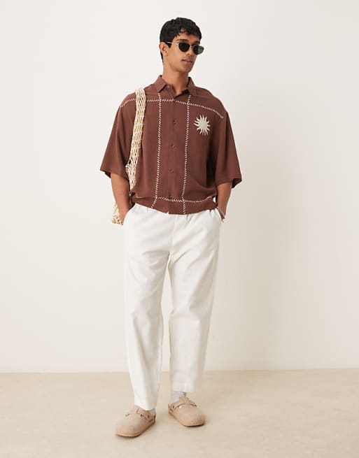 Asos ASOS DESIGN Premium Boxy Oversized Linen Blend Shirt With Embroidery In Brown