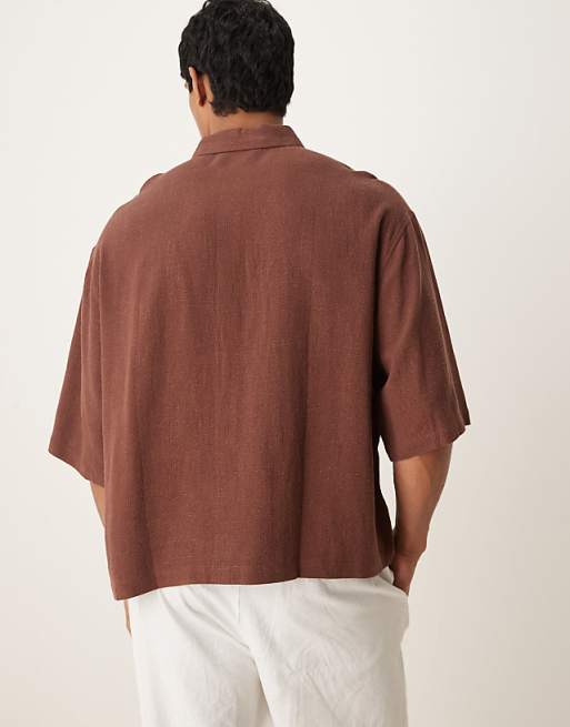 Asos ASOS DESIGN Premium Boxy Oversized Linen Blend Shirt With Embroidery In Brown