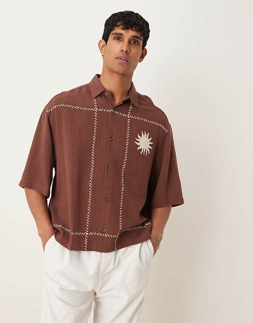 Asos ASOS DESIGN Premium Boxy Oversized Linen Blend Shirt With Embroidery In Brown